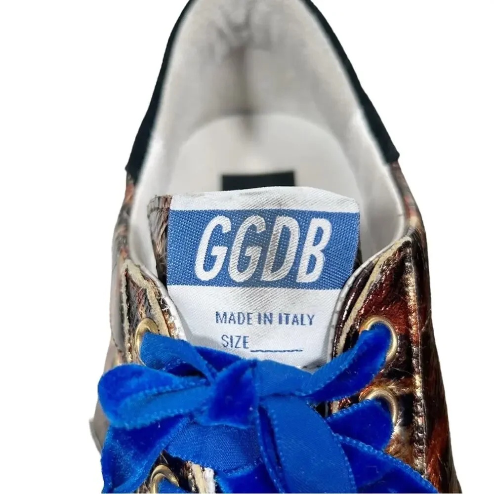 GOLDEN GOOSE May Sneaker in Leopard Laminated & Bluette Velvet Laces EU 39